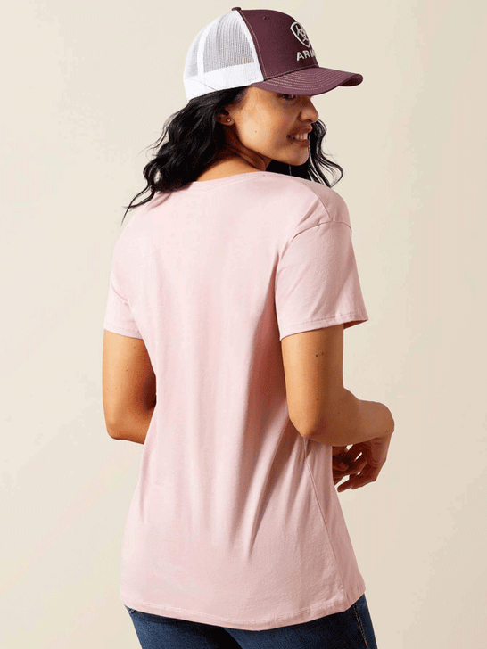 Ariat 10063761 Womens Spur Script T-Shirt Dusty Pink back view. If you need any assistance with this item or the purchase of this item please call us at five six one seven four eight eight eight zero one Monday through Saturday 10:00a.m EST to 8:00 p.m EST