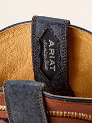 Ariat 10063784 Mens Rock Ridge Wide Square Toe Western Boot Navy Bison pull tabs close up. If you need any assistance with this item or the purchase of this item please call us at five six one seven four eight eight eight zero one Monday through Saturday 10:00a.m EST to 8:00 p.m EST