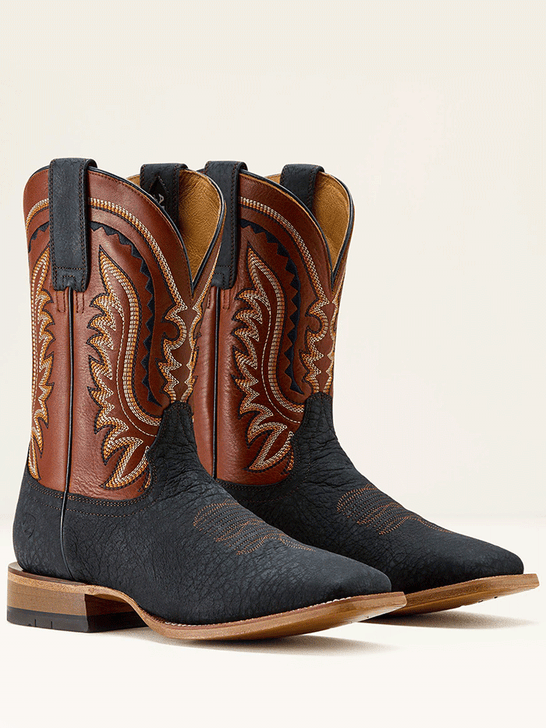 Ariat 10063784 Mens Rock Ridge Wide Square Toe Western Boot Navy Bison side / front view. If you need any assistance with this item or the purchase of this item please call us at five six one seven four eight eight eight zero one Monday through Saturday 10:00a.m EST to 8:00 p.m EST