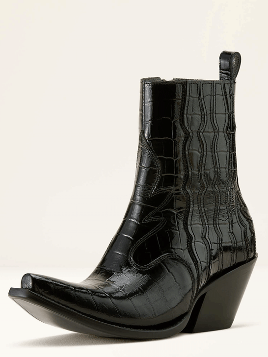 Ariat 10063822 Womens Jade X Toe Western Boot Luxe Caviar Croc Print Black front and outter side view. If you need any assistance with this item or the purchase of this item please call us at five six one seven four eight eight eight zero one Monday through Saturday 10:00a.m EST to 8:00 p.m EST
