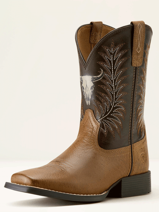 Ariat 10063827 Youth Stampede Wide Square Toe Western Boot Desert Brown front and side view. If you need any assistance with this item or the purchase of this item please call us at five six one seven four eight eight eight zero one Monday through Saturday 10:00a.m EST to 8:00 p.m EST