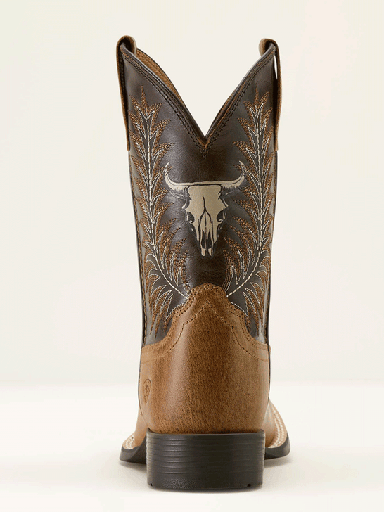 Ariat 10063827 Youth Stampede Wide Square Toe Western Boot Desert Brown back view. If you need any assistance with this item or the purchase of this item please call us at five six one seven four eight eight eight zero one Monday through Saturday 10:00a.m EST to 8:00 p.m EST
