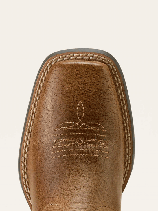  Ariat 10063827 Youth Stampede Wide Square Toe Western Boot Desert Brown toe view. If you need any assistance with this item or the purchase of this item please call us at five six one seven four eight eight eight zero one Monday through Saturday 10:00a.m EST to 8:00 p.m EST
