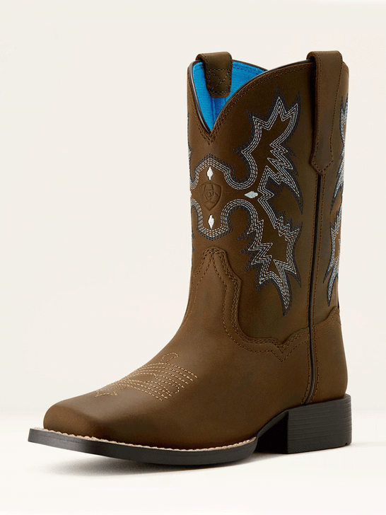 Ariat 10063834 Youth Tombstone Wide Square Toe Western Boot Distressed Brown front and side view. If you need any assistance with this item or the purchase of this item please call us at five six one seven four eight eight eight zero one Monday through Saturday 10:00a.m EST to 8:00 p.m EST