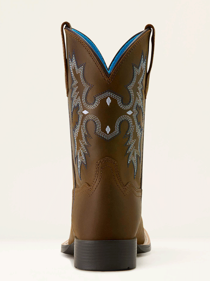 Ariat 10063834 Youth Tombstone Wide Square Toe Western Boot Distressed Brown front and side view. If you need any assistance with this item or the purchase of this item please call us at five six one seven four eight eight eight zero one Monday through Saturday 10:00a.m EST to 8:00 p.m EST