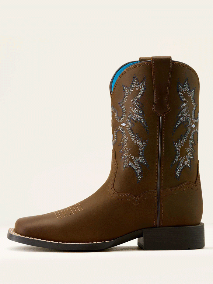 Ariat 10063834 Youth Tombstone Wide Square Toe Western Boot Distressed Brown front and side view. If you need any assistance with this item or the purchase of this item please call us at five six one seven four eight eight eight zero one Monday through Saturday 10:00a.m EST to 8:00 p.m EST