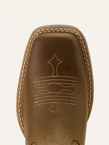 Ariat 10063834 Youth Tombstone Wide Square Toe Western Boot Distressed Brown toe view. If you need any assistance with this item or the purchase of this item please call us at five six one seven four eight eight eight zero one Monday through Saturday 10:00a.m EST to 8:00 p.m EST