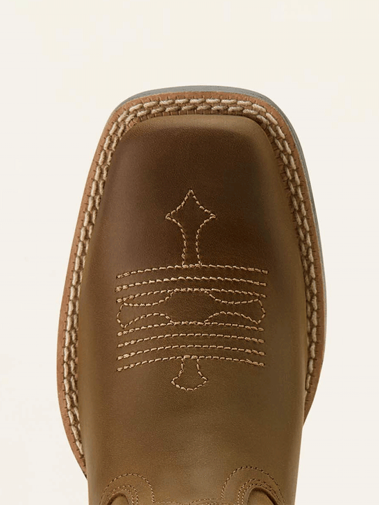 Ariat 10063834 Youth Tombstone Wide Square Toe Western Boot Distressed Brown toe view. If you need any assistance with this item or the purchase of this item please call us at five six one seven four eight eight eight zero one Monday through Saturday 10:00a.m EST to 8:00 p.m EST