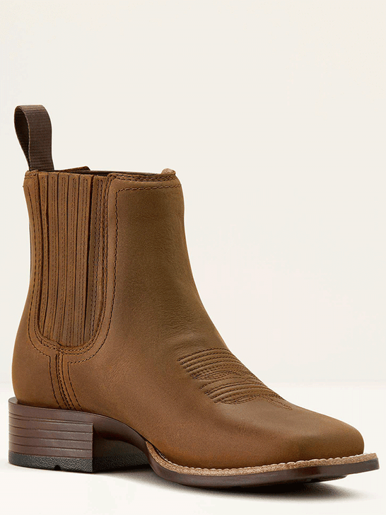 Ariat 10063973 Womens Booker Chelsea Wide Square Toe Western Boot Distressed Brown side front view. If you need any assistance with this item or the purchase of this item please call us at five six one seven four eight eight eight zero one Monday through Saturday 10:00a.m EST to 8:00 p.m EST