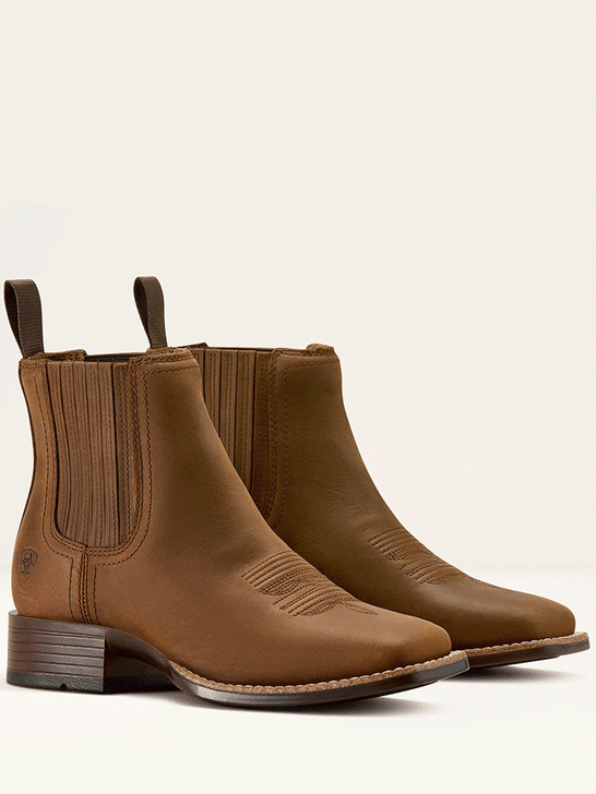 Ariat 10063973 Womens Booker Chelsea Wide Square Toe Western Boot Distressed Brown side view pair. If you need any assistance with this item or the purchase of this item please call us at five six one seven four eight eight eight zero one Monday through Saturday 10:00a.m EST to 8:00 p.m EST