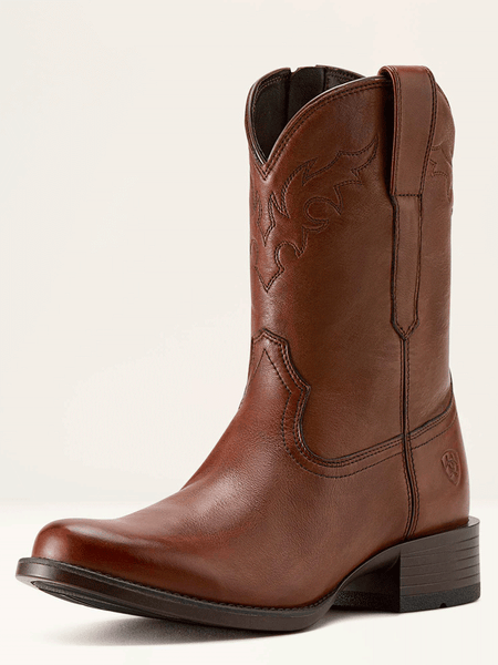 Ariat 10063982 Mens Sonoro Roper Toe Western Boot Cinnamon Brown font and side view. If you need any assistance with this item or the purchase of this item please call us at five six one seven four eight eight eight zero one Monday through Saturday 10:00a.m EST to 8:00 p.m EST