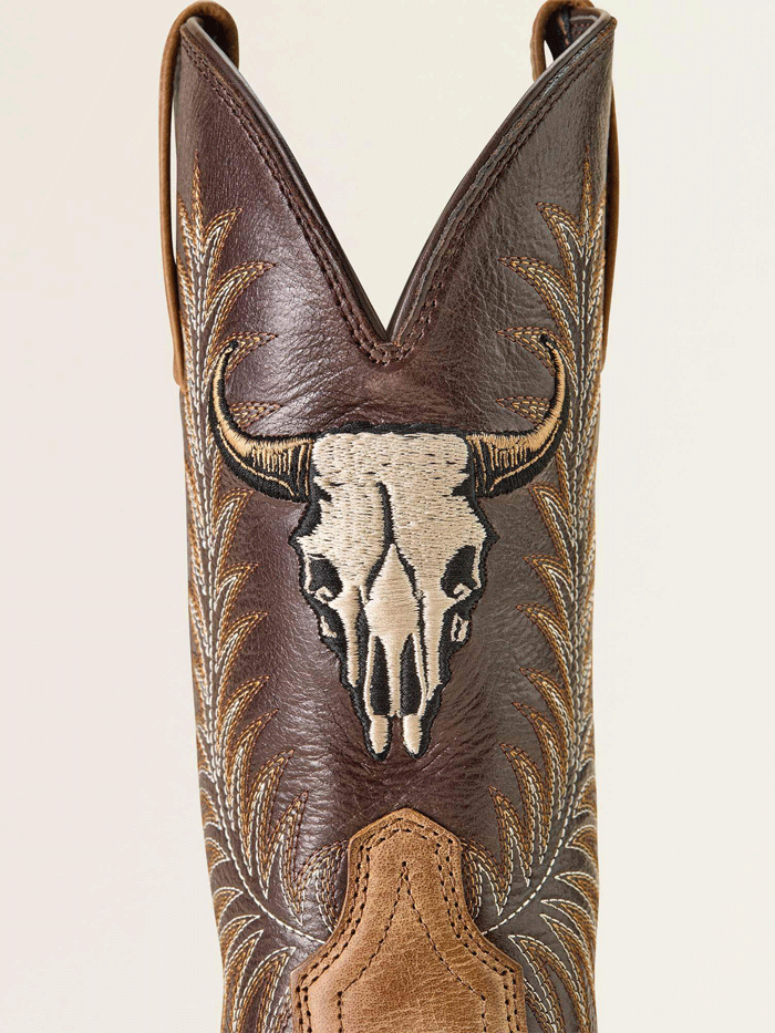 Ariat 10064053 Mens Sport Steer Skull Wide Square Toe Cowboy Boot Sandstorm Bitter Chocolate front and side view. If you need any assistance with this item or the purchase of this item please call us at five six one seven four eight eight eight zero one Monday through Saturday 10:00a.m EST to 8:00 p.m EST