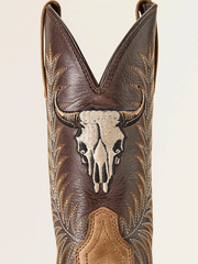 Ariat 10064053 Mens Sport Steer Skull Wide Square Toe Cowboy Boot Sandstorm Bitter Chocolate shaft close up view. If you need any assistance with this item or the purchase of this item please call us at five six one seven four eight eight eight zero one Monday through Saturday 10:00a.m EST to 8:00 p.m EST