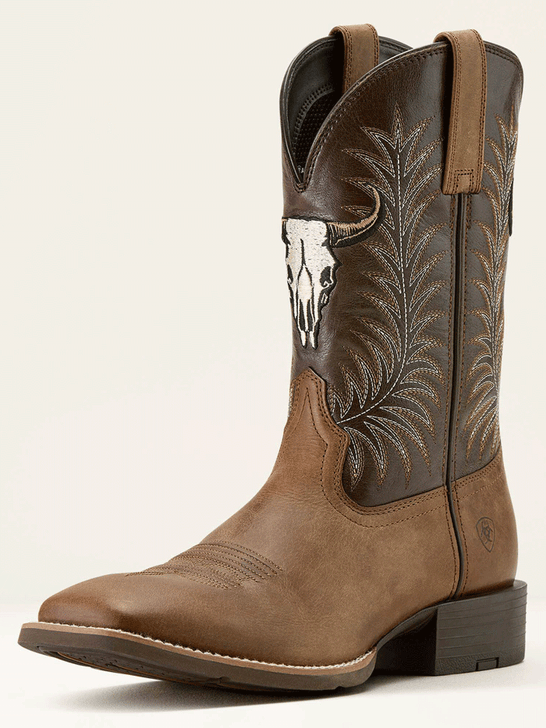 Ariat 10064053 Mens Sport Steer Skull Wide Square Toe Cowboy Boot Sandstorm Bitter Chocolate front and side view. If you need any assistance with this item or the purchase of this item please call us at five six one seven four eight eight eight zero one Monday through Saturday 10:00a.m EST to 8:00 p.m EST