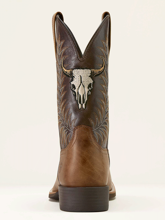 Ariat 10064053 Mens Sport Steer Skull Wide Square Toe Cowboy Boot Sandstorm Bitter Chocolate front and side view. If you need any assistance with this item or the purchase of this item please call us at five six one seven four eight eight eight zero one Monday through Saturday 10:00a.m EST to 8:00 p.m EST