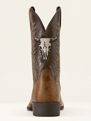 Ariat 10064053 Mens Sport Steer Skull Wide Square Toe Cowboy Boot Sandstorm Bitter Chocolate back view. If you need any assistance with this item or the purchase of this item please call us at five six one seven four eight eight eight zero one Monday through Saturday 10:00a.m EST to 8:00 p.m EST