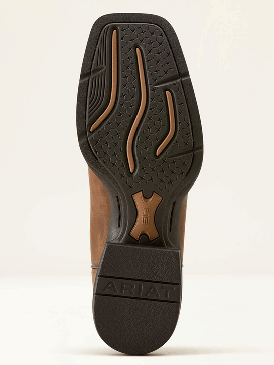 Ariat 10064053 Mens Sport Steer Skull Wide Square Toe Cowboy Boot Sandstorm Bitter Chocolate sole view. If you need any assistance with this item or the purchase of this item please call us at five six one seven four eight eight eight zero one Monday through Saturday 10:00a.m EST to 8:00 p.m EST