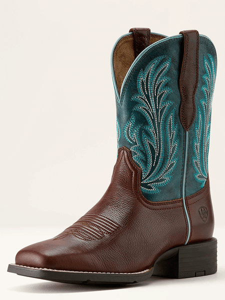 Ariat 10064073 Womens Round Up Filly Wide Square Toe Western Boot Oiled Teak Loyal Blue side / front view. If you need any assistance with this item or the purchase of this item please call us at five six one seven four eight eight eight zero one Monday through Saturday 10:00a.m EST to 8:00 p.m EST