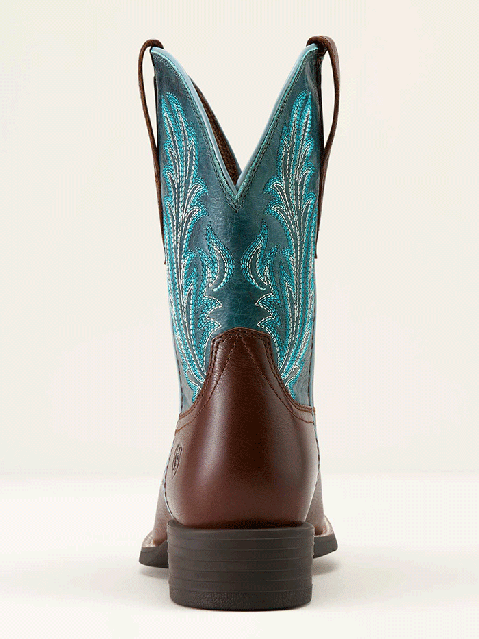 Ariat 10064073 Womens Round Up Filly Wide Square Toe Western Boot Oiled Teak Loyal Blue side / front view. If you need any assistance with this item or the purchase of this item please call us at five six one seven four eight eight eight zero one Monday through Saturday 10:00a.m EST to 8:00 p.m EST