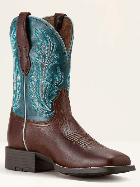 Ariat 10064073 Womens Round Up Filly Wide Square Toe Western Boot Oiled Teak Loyal Blue side / front view. If you need any assistance with this item or the purchase of this item please call us at five six one seven four eight eight eight zero one Monday through Saturday 10:00a.m EST to 8:00 p.m EST