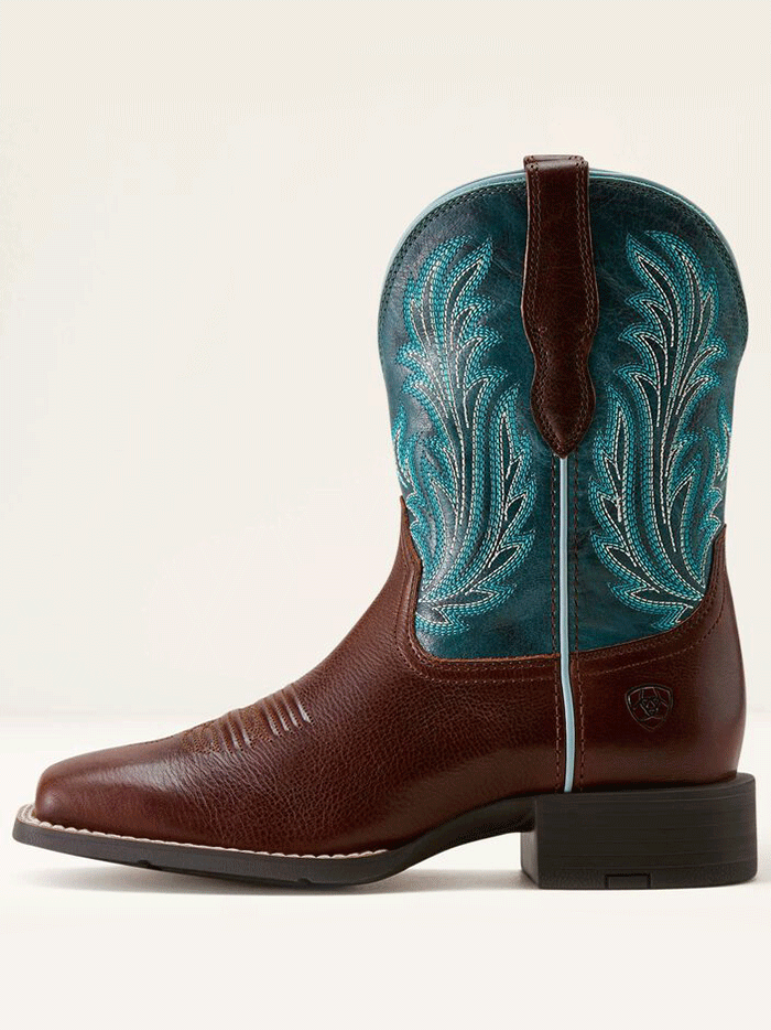 Ariat 10064073 Womens Round Up Filly Wide Square Toe Western Boot Oiled Teak Loyal Blue side / front view. If you need any assistance with this item or the purchase of this item please call us at five six one seven four eight eight eight zero one Monday through Saturday 10:00a.m EST to 8:00 p.m EST