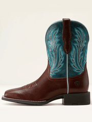 Ariat 10064073 Womens Round Up Filly Wide Square Toe Western Boot Oiled Teak Loyal Blue side view. If you need any assistance with this item or the purchase of this item please call us at five six one seven four eight eight eight zero one Monday through Saturday 10:00a.m EST to 8:00 p.m EST