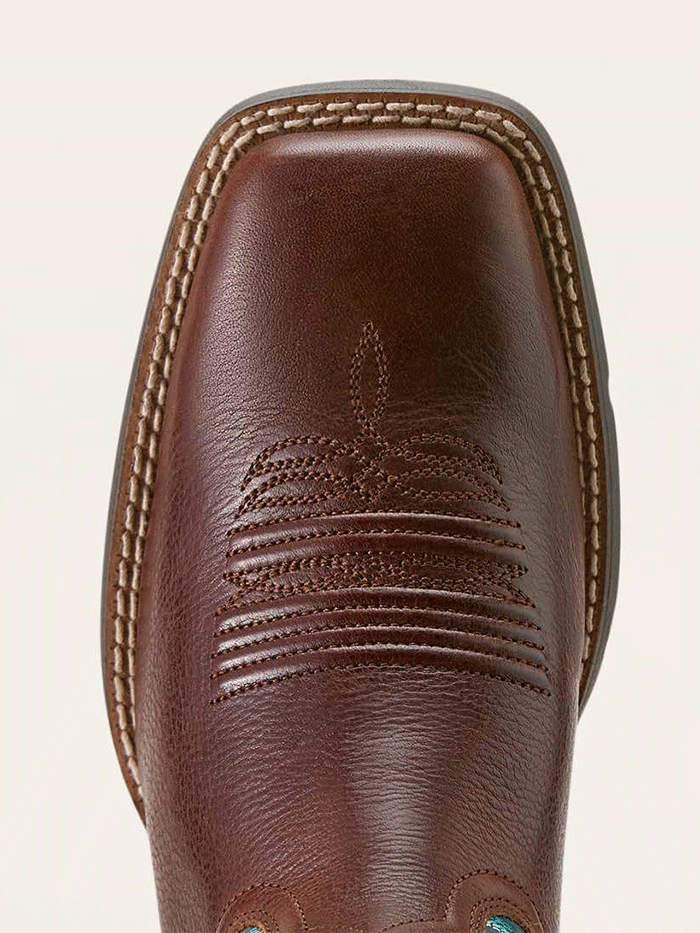 Ariat 10064073 Womens Round Up Filly Wide Square Toe Western Boot Oiled Teak Loyal Blue side / front view. If you need any assistance with this item or the purchase of this item please call us at five six one seven four eight eight eight zero one Monday through Saturday 10:00a.m EST to 8:00 p.m EST