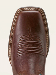 Ariat 10064073 Womens Round Up Filly Wide Square Toe Western Boot Oiled Teak Loyal Blue toe view. If you need any assistance with this item or the purchase of this item please call us at five six one seven four eight eight eight zero one Monday through Saturday 10:00a.m EST to 8:00 p.m EST