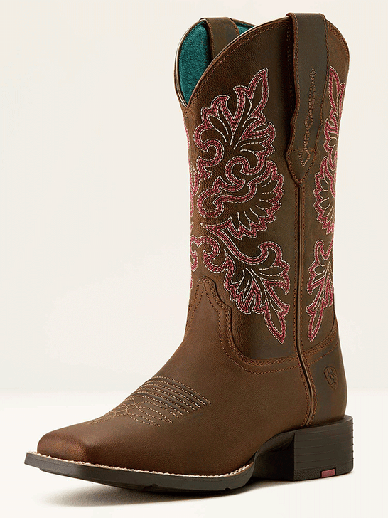 Ariat 10064078 Womens Round Up StretchFit Wide Square Toe Western Boot Sassy Brown side / front view. If you need any assistance with this item or the purchase of this item please call us at five six one seven four eight eight eight zero one Monday through Saturday 10:00a.m EST to 8:00 p.m EST