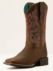 Ariat 10064078 Womens Round Up StretchFit Wide Square Toe Western Boot Sassy Brown side / front view. If you need any assistance with this item or the purchase of this item please call us at five six one seven four eight eight eight zero one Monday through Saturday 10:00a.m EST to 8:00 p.m EST