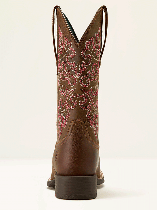 Ariat 10064078 Womens Round Up StretchFit Wide Square Toe Western Boot Sassy Brown back view. If you need any assistance with this item or the purchase of this item please call us at five six one seven four eight eight eight zero one Monday through Saturday 10:00a.m EST to 8:00 p.m EST