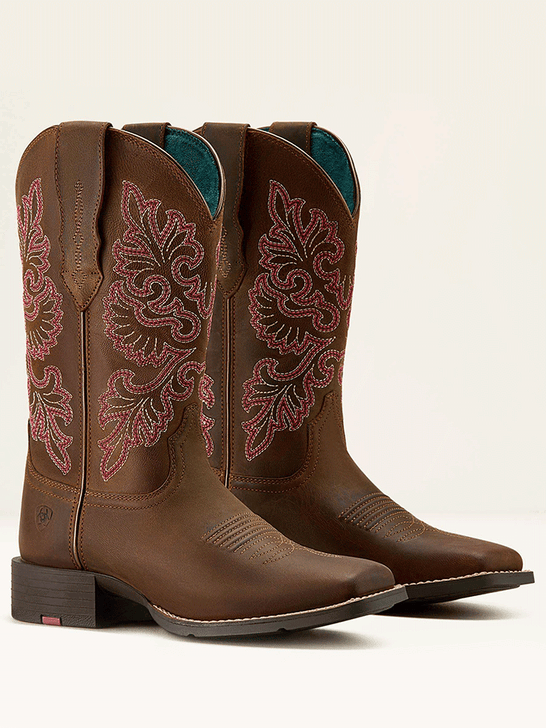Ariat 10064078 Womens Round Up StretchFit Wide Square Toe Western Boot Sassy Brown side / front view pair. If you need any assistance with this item or the purchase of this item please call us at five six one seven four eight eight eight zero one Monday through Saturday 10:00a.m EST to 8:00 p.m EST