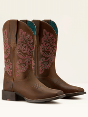 Ariat 10064078 Womens Round Up StretchFit Wide Square Toe Western Boot Sassy Brown side / front view pair. If you need any assistance with this item or the purchase of this item please call us at five six one seven four eight eight eight zero one Monday through Saturday 10:00a.m EST to 8:00 p.m EST