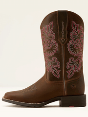 Ariat 10064078 Womens Round Up StretchFit Wide Square Toe Western Boot Sassy Brown side view. If you need any assistance with this item or the purchase of this item please call us at five six one seven four eight eight eight zero one Monday through Saturday 10:00a.m EST to 8:00 p.m EST