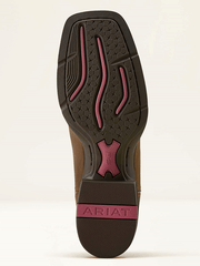 Ariat 10064078 Womens Round Up StretchFit Wide Square Toe Western Boot Sassy Brown sole view. If you need any assistance with this item or the purchase of this item please call us at five six one seven four eight eight eight zero one Monday through Saturday 10:00a.m EST to 8:00 p.m EST