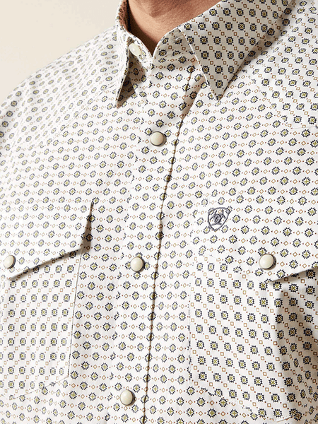 Ariat 10065784 Mens Fenn Classic Fit Shirt White close up. If you need any assistance with this item or the purchase of this item please call us at five six one seven four eight eight eight zero one Monday through Saturday 10:00a.m EST to 8:00 p.m EST