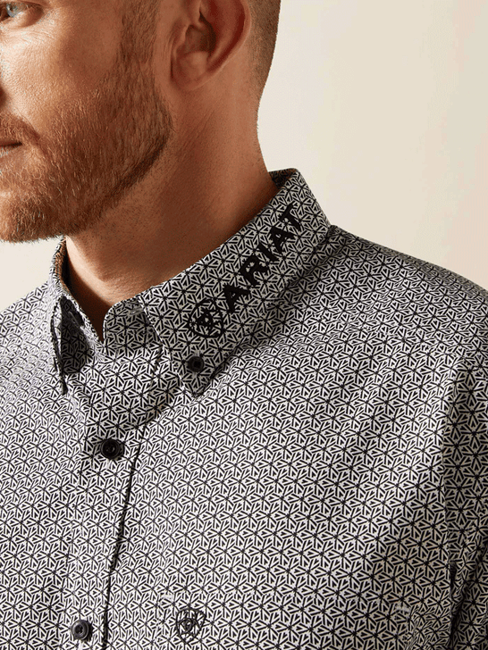 Ariat 10065815 Mens Team Pablo Classic Fit Shirt Black collar close up. If you need any assistance with this item or the purchase of this item please call us at five six one seven four eight eight eight zero one Monday through Saturday 10:00a.m EST to 8:00 p.m EST
