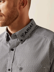 Ariat 10065815 Mens Team Pablo Classic Fit Shirt Black collar close up. If you need any assistance with this item or the purchase of this item please call us at five six one seven four eight eight eight zero one Monday through Saturday 10:00a.m EST to 8:00 p.m EST
