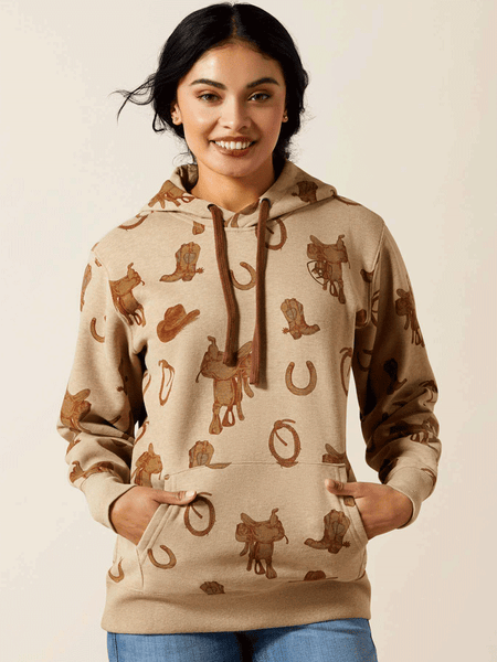 Ariat 10065823 Womens Logo 2.0 Hoodie Savannah Tan Heather front view. If you need any assistance with this item or the purchase of this item please call us at five six one seven four eight eight eight zero one Monday through Saturday 10:00a.m EST to 8:00 p.m EST