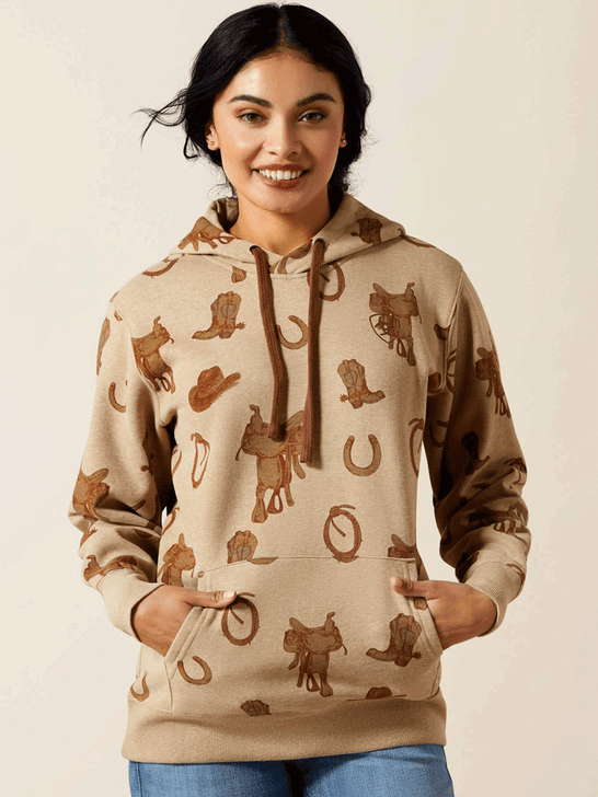 Ariat 10065823 Womens Logo 2.0 Hoodie Savannah Tan Heather front view. If you need any assistance with this item or the purchase of this item please call us at five six one seven four eight eight eight zero one Monday through Saturday 10:00a.m EST to 8:00 p.m EST