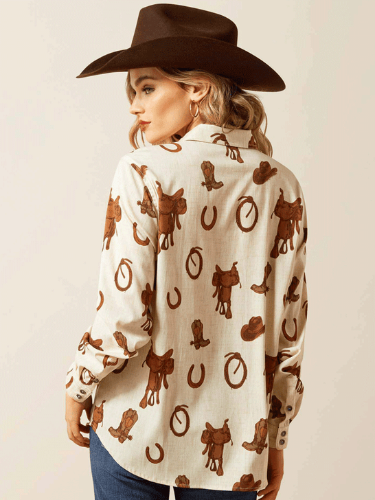 Ariat 10065831 Womens Homestyle Shirt Rodeo Spur Print Natural back view. If you need any assistance with this item or the purchase of this item please call us at five six one seven four eight eight eight zero one Monday through Saturday 10:00a.m EST to 8:00 p.m EST
