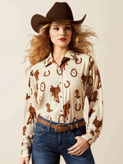 Ariat 10065831 Womens Homestyle Shirt Rodeo Spur Print Natural front view. If you need any assistance with this item or the purchase of this item please call us at five six one seven four eight eight eight zero one Monday through Saturday 10:00a.m EST to 8:00 p.m EST
