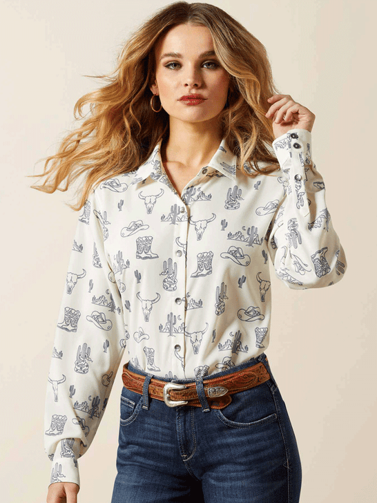 Ariat 10065832 Womens Homestyle Shirt Deserted Print Ivory front view. If you need any assistance with this item or the purchase of this item please call us at five six one seven four eight eight eight zero one Monday through Saturday 10:00a.m EST to 8:00 p.m EST 