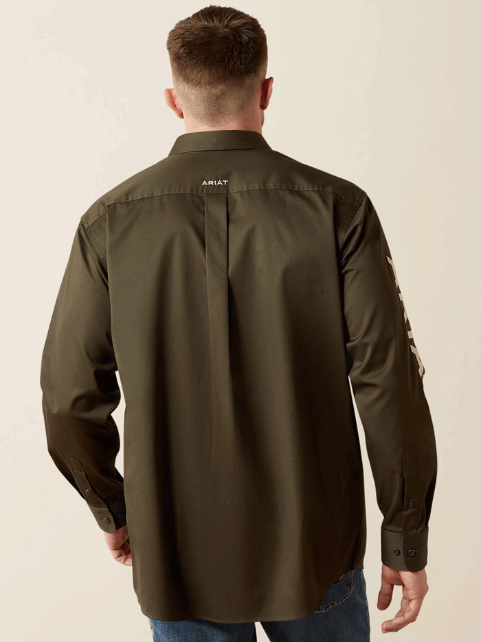 Ariat 10065845 Mens Team Logo Twill Classic Fit Shirt Olive front view. If you need any assistance with this item or the purchase of this item please call us at five six one seven four eight eight eight zero one Monday through Saturday 10:00a.m EST to 8:00 p.m EST
