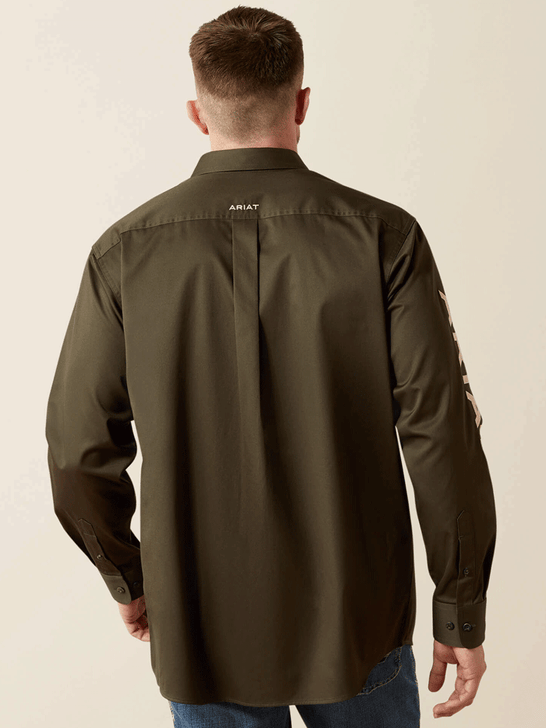 Ariat 10065845 Mens Team Logo Twill Classic Fit Shirt Olive back view. If you need any assistance with this item or the purchase of this item please call us at five six one seven four eight eight eight zero one Monday through Saturday 10:00a.m EST to 8:00 p.m EST