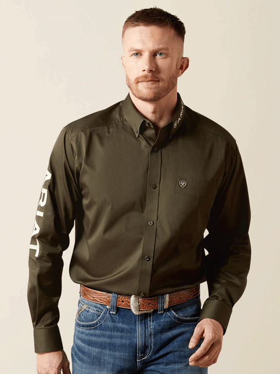 Ariat 10065845 Mens Team Logo Twill Classic Fit Shirt Olive front view. If you need any assistance with this item or the purchase of this item please call us at five six one seven four eight eight eight zero one Monday through Saturday 10:00a.m EST to 8:00 p.m EST