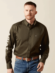 Ariat 10065845 Mens Team Logo Twill Classic Fit Shirt Olive front view. If you need any assistance with this item or the purchase of this item please call us at five six one seven four eight eight eight zero one Monday through Saturday 10:00a.m EST to 8:00 p.m EST