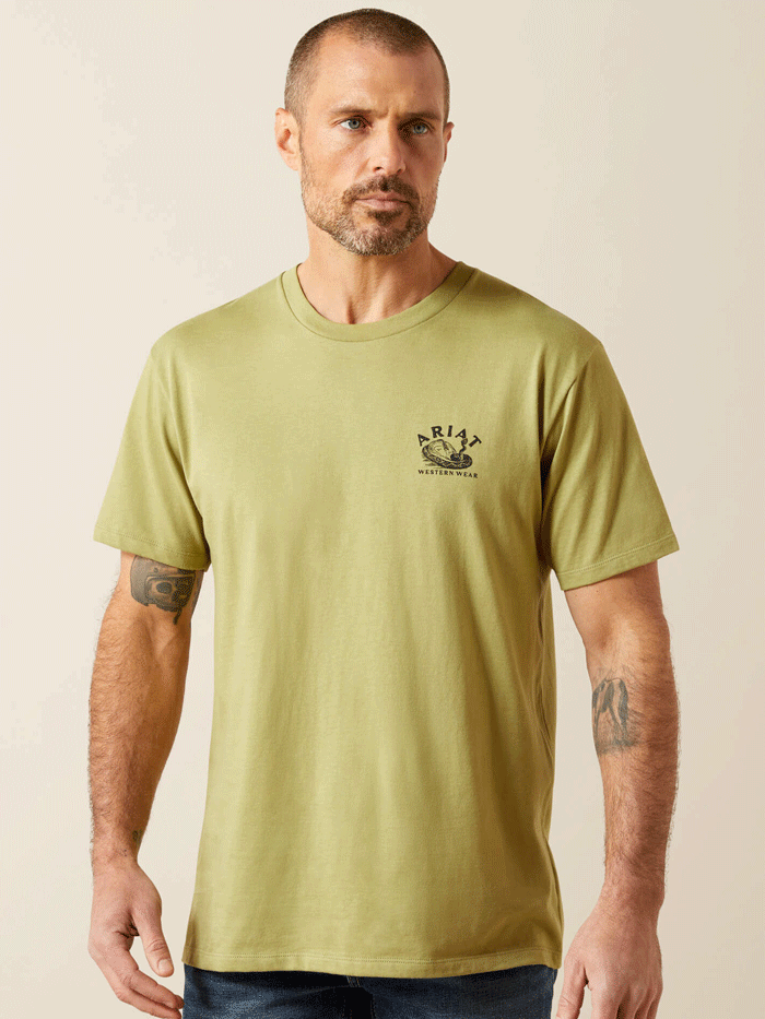 Ariat 10065894 Mens Rattler Warning T-Shirt Tent Green back view. If you need any assistance with this item or the purchase of this item please call us at five six one seven four eight eight eight zero one Monday through Saturday 10:00a.m EST to 8:00 p.m EST