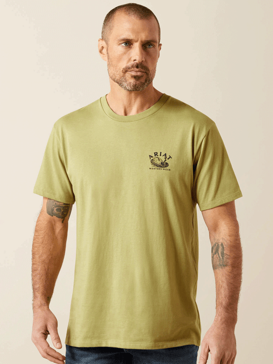 Ariat 10065894 Mens Rattler Warning T-Shirt Tent Green front view. If you need any assistance with this item or the purchase of this item please call us at five six one seven four eight eight eight zero one Monday through Saturday 10:00a.m EST to 8:00 p.m EST