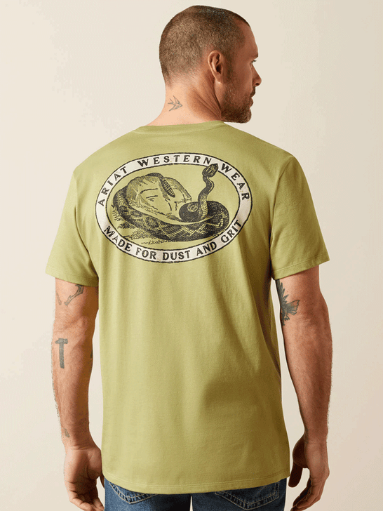 Ariat 10065894 Mens Rattler Warning T-Shirt Tent Green back view. If you need any assistance with this item or the purchase of this item please call us at five six one seven four eight eight eight zero one Monday through Saturday 10:00a.m EST to 8:00 p.m EST